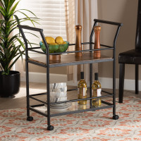 Baxton Studio LY-N0859-Cart Valora Industrial Rustic Walnut Finished Wood and Black Metal 2-Tier Mobile Wine Cart